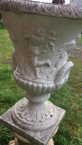 Large Roman Style Campagna Shaped Urn With Scalloped Edges. With Small Dwarf Palm Tree. Composition- Reconstituted Stone. Stunning Piece For Garden Centrepiece Display Of Flowers. Showing Signs Of Weathering Due To Age & Usage.
