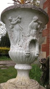 Large Roman Style Campagna Shaped Urn With Scalloped Edges. With Small Dwarf Palm Tree. Composition- Reconstituted Stone. Stunning Piece For Garden Centrepiece Display Of Flowers. Showing Signs Of Weathering Due To Age & Usage.