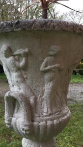 Large Roman Style Campagna Shaped Urn With Scalloped Edges. With Small Dwarf Palm Tree. Composition- Reconstituted Stone. Stunning Piece For Garden Centrepiece Display Of Flowers. Showing Signs Of Weathering Due To Age & Usage.