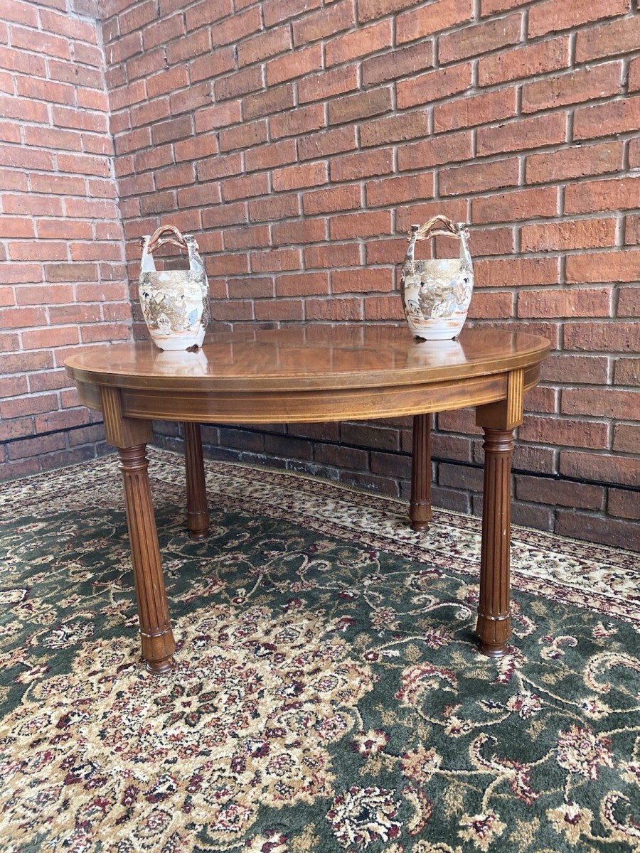 French Red Walnut Period Louis Xvi Style Marquetry Inlaid Pillared Centre Table