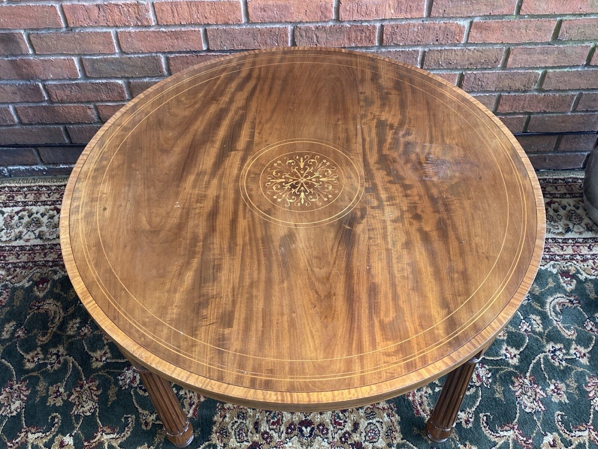 French Red Walnut Period Louis Xvi Style Marquetry Inlaid Pillared Centre Table