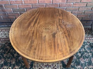Beautiful Period Louis VXI Influenced Antique Circular Topped Centre Table, With Delicate Central Floral Motif Of Satinwood Inlay And Cross Banded Edges. Stands Upon Four Hand Carved Pillared Corinthian Column Legs.