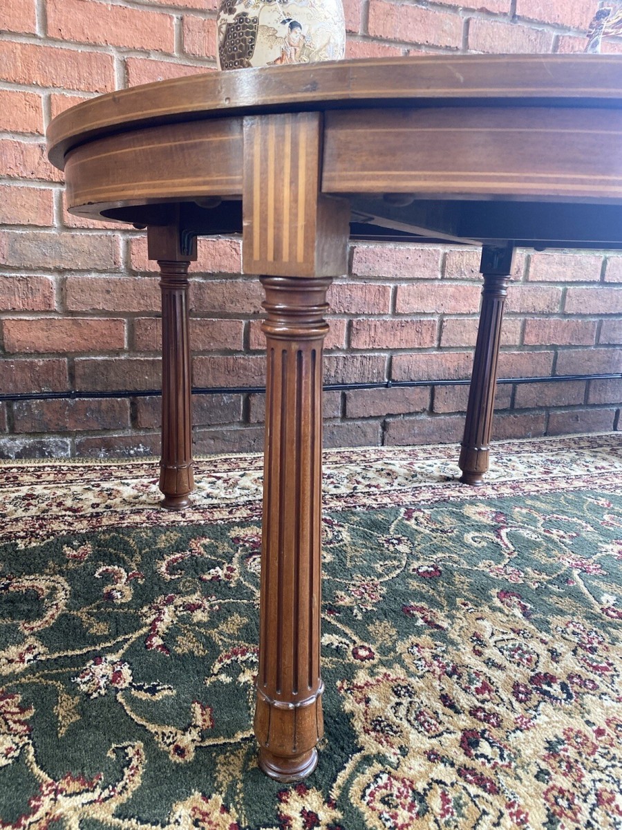 French Red Walnut Period Louis Xvi Style Marquetry Inlaid Pillared Centre Table