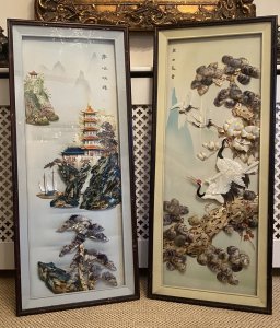 With Japanese Boat Moured Off The Rock Face In Fine Detail. Artwork 2 - Japanese Flying Crane Birds Amongst Foliage Display.