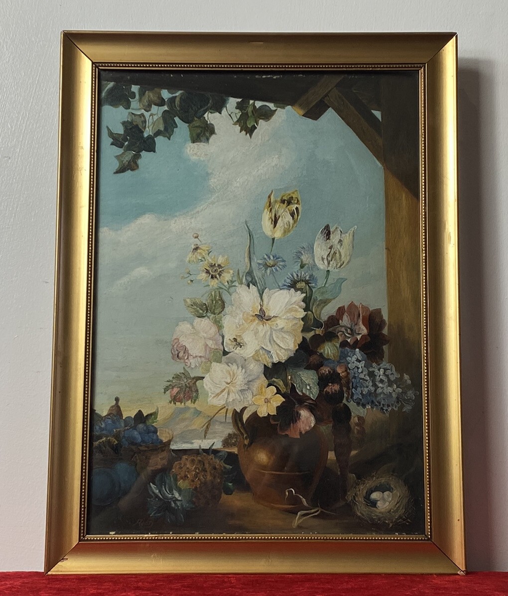 Original Still Life Artwork Oil Painting Of Fruit & Flowers By Artist A H D
