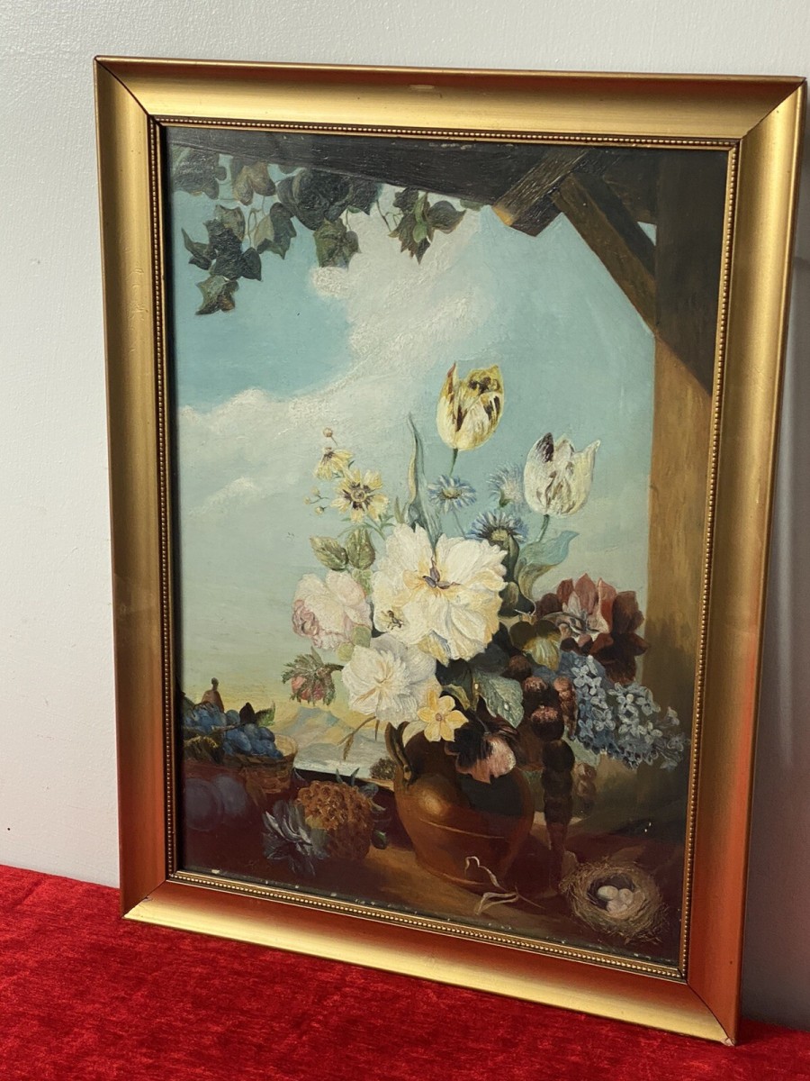 Original Still Life Artwork Oil Painting Of Fruit & Flowers By Artist A H D