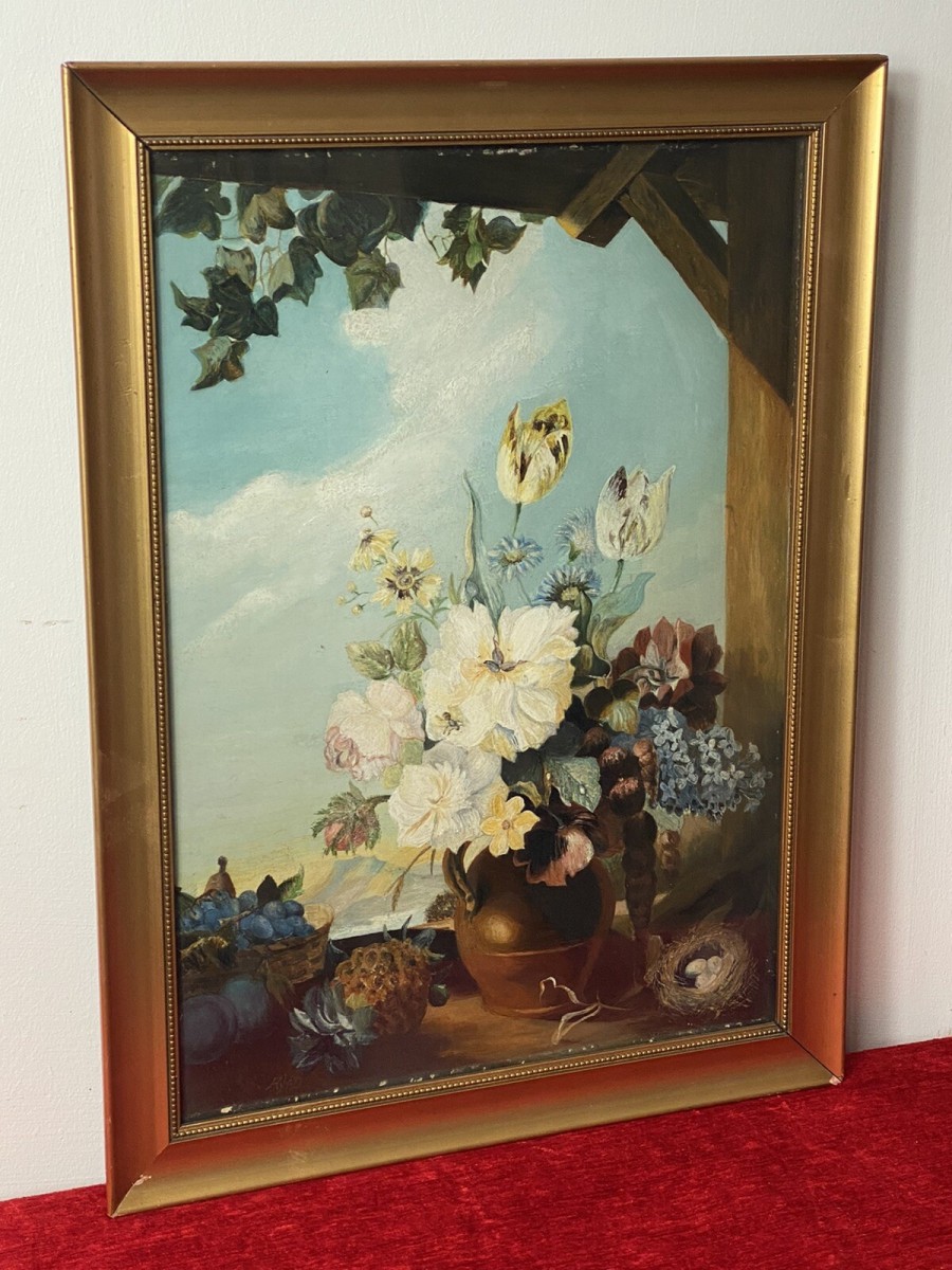 Original Still Life Artwork Oil Painting Of Fruit & Flowers By Artist A H D