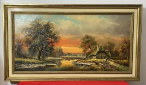 Artist - Horst Baumgart 1932. Charming Details Of Ducklings Crossing The River & Birds In Flight With Finely Painted Trees And Foliage. Trees At Sunset.