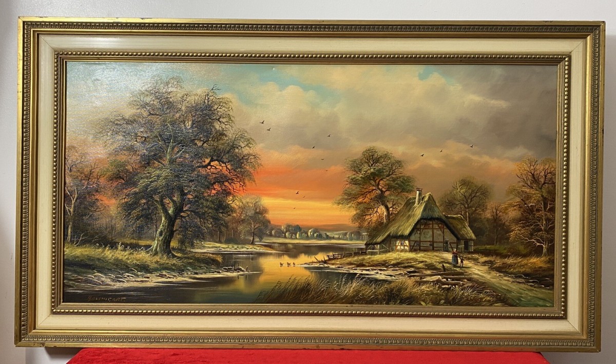 Original German Panoramic Sunset Landscape Oil Painting Artist Horst Baumgart