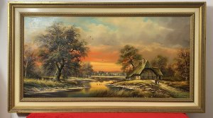 Artist - Horst Baumgart 1932. Charming Details Of Ducklings Crossing The River & Birds In Flight With Finely Painted Trees And Foliage. Trees At Sunset.