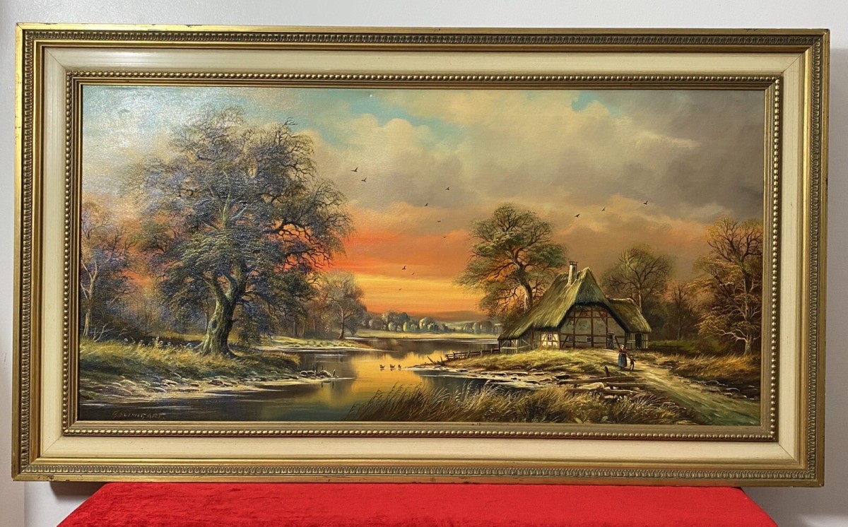 Original German Panoramic Sunset Landscape Oil Painting Artist Horst Baumgart