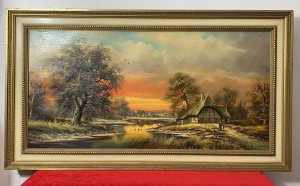 Artist - Horst Baumgart 1932. Charming Details Of Ducklings Crossing The River & Birds In Flight With Finely Painted Trees And Foliage. Trees At Sunset.