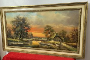 Artist - Horst Baumgart 1932. Charming Details Of Ducklings Crossing The River & Birds In Flight With Finely Painted Trees And Foliage. Trees At Sunset.