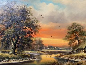 Artist - Horst Baumgart 1932. Charming Details Of Ducklings Crossing The River & Birds In Flight With Finely Painted Trees And Foliage. Trees At Sunset.