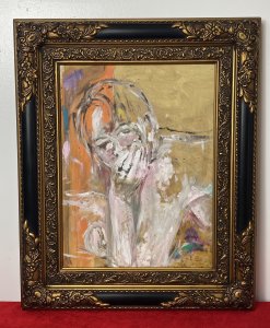 Impressionistic Study Of Young Lady With Propped Head Resting In Hands In Bright Hues. The Skin Tones Reflected In White Acrylic Brush Strokes With Black Body Outline And Shadows In Blue & Purple Hues.