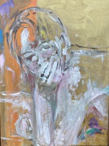 Impressionistic Study Of Young Lady With Propped Head Resting In Hands In Bright Hues. The Skin Tones Reflected In White Acrylic Brush Strokes With Black Body Outline And Shadows In Blue & Purple Hues.