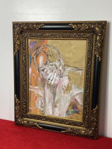 Impressionistic Study Of Young Lady With Propped Head Resting In Hands In Bright Hues. The Skin Tones Reflected In White Acrylic Brush Strokes With Black Body Outline And Shadows In Blue & Purple Hues.