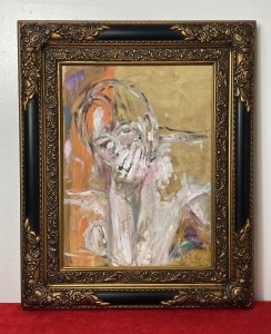 Impressionistic Study Of Young Lady With Propped Head Resting In Hands In Bright Hues. The Skin Tones Reflected In White Acrylic Brush Strokes With Black Body Outline And Shadows In Blue & Purple Hues.