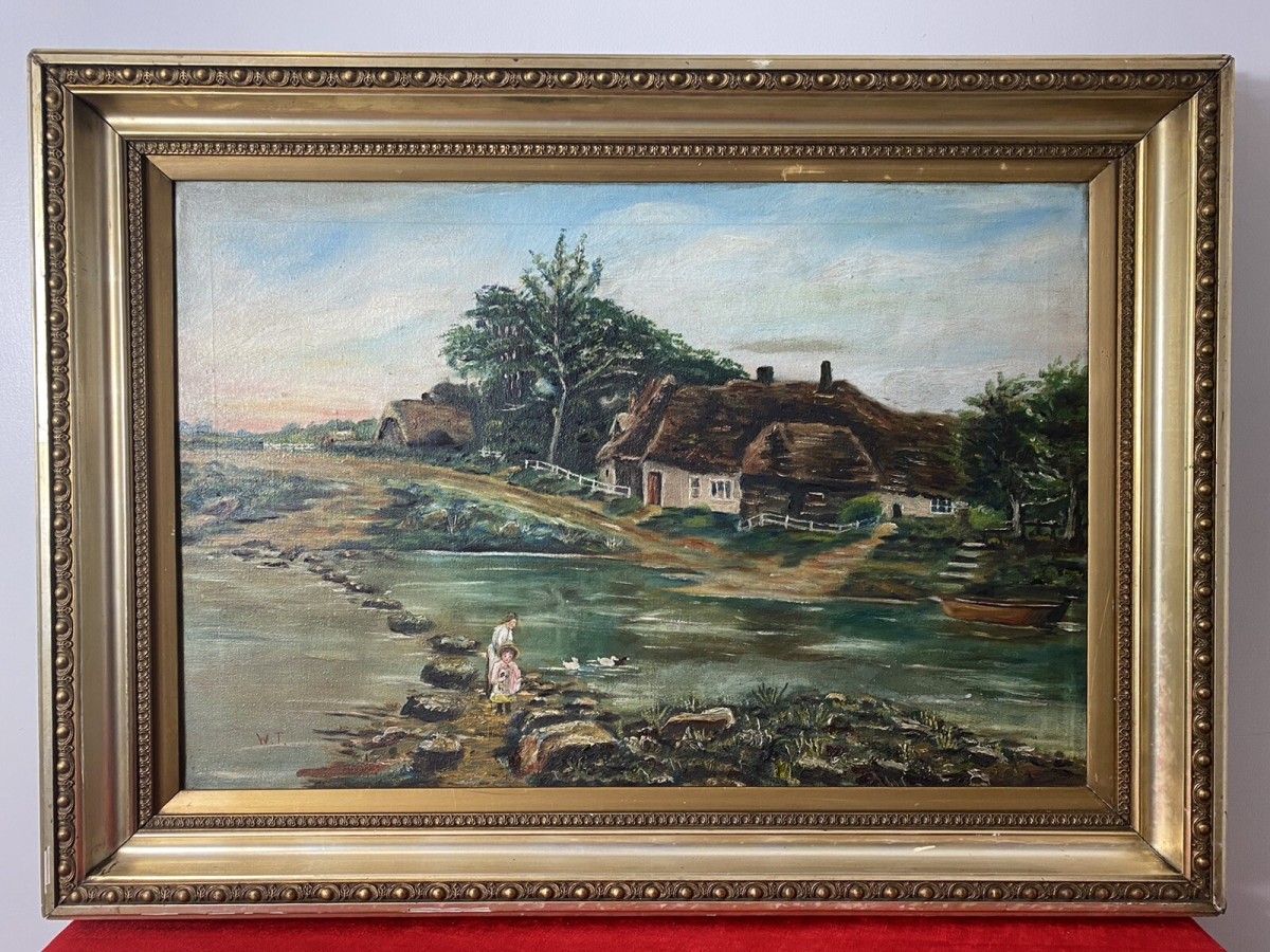 Primary image for Original Oil Painting Of Thatch And River Crossing In Donegal Ireland Signed W.t
