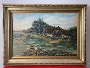 Original Oil Painting Of Thatch And River Crossing In Donegal Ireland Signed By Artist Monogram W.T. Stunning Irish School River View Of Stoney Crossing And Thatch House Over The Water. A Small Fishing Boat Mored Up On the Rivers Edge.