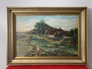 Original Oil Painting Of Thatch And River Crossing In Donegal Ireland Signed By Artist Monogram W.T. Stunning Irish School River View Of Stoney Crossing And Thatch House Over The Water. A Small Fishing Boat Mored Up On the Rivers Edge.