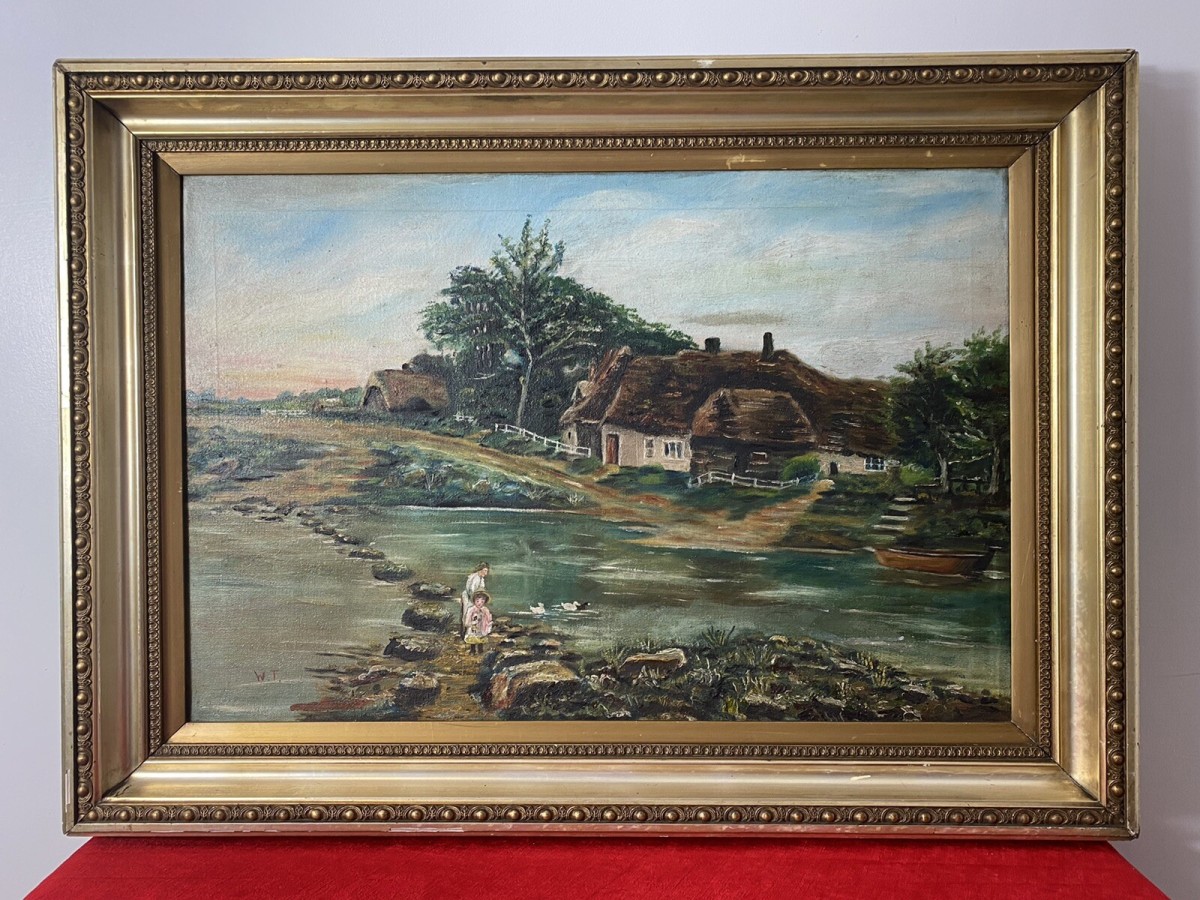 Original Oil Painting Of Thatch And River Crossing In Donegal Ireland Signed W.t