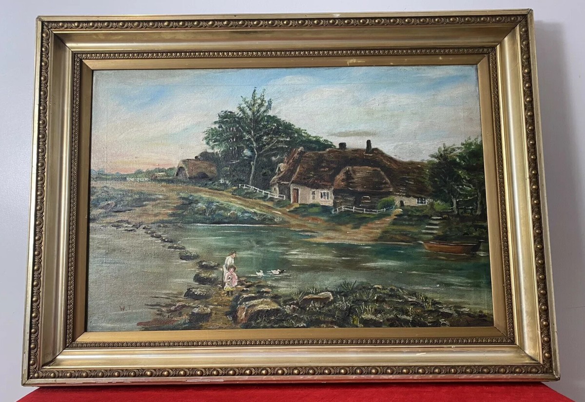 Original Oil Painting Of Thatch And River Crossing In Donegal Ireland Signed W.t