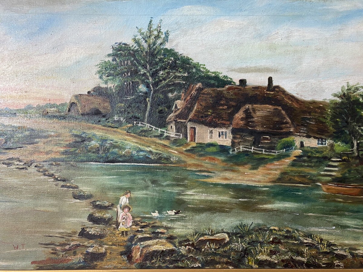 Original Oil Painting Of Thatch And River Crossing In Donegal Ireland Signed W.t
