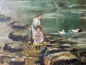 Original Oil Painting Of Thatch And River Crossing In Donegal Ireland Signed By Artist Monogram W.T. Stunning Irish School River View Of Stoney Crossing And Thatch House Over The Water. A Small Fishing Boat Mored Up On the Rivers Edge.