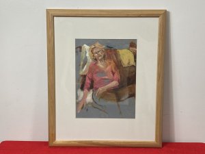Tartan Blanket Over The Chair With White/ Yellow Cushions. Detailed Folds In Upholstery And Clothing. With Finely Painted Facial Features. Age - Modern Contemporary 20th Century. Painting Height 13 1/4” X Width 9.5”.