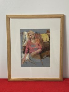 Tartan Blanket Over The Chair With White/ Yellow Cushions. Detailed Folds In Upholstery And Clothing. With Finely Painted Facial Features. Age - Modern Contemporary 20th Century. Painting Height 13 1/4” X Width 9.5”.