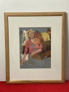 Tartan Blanket Over The Chair With White/ Yellow Cushions. Detailed Folds In Upholstery And Clothing. With Finely Painted Facial Features. Age - Modern Contemporary 20th Century. Painting Height 13 1/4” X Width 9.5”.
