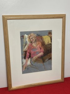Tartan Blanket Over The Chair With White/ Yellow Cushions. Detailed Folds In Upholstery And Clothing. With Finely Painted Facial Features. Age - Modern Contemporary 20th Century. Painting Height 13 1/4” X Width 9.5”.