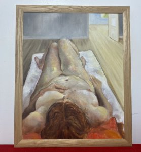 The Female Form Painted In Great Detail In Subtle Cool Nude Tones, The Vibrant Hair Matched By The Orange Pillow She Reclines On. Brief Artist History.