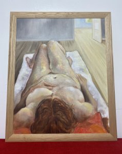 The Female Form Painted In Great Detail In Subtle Cool Nude Tones, The Vibrant Hair Matched By The Orange Pillow She Reclines On. Brief Artist History.