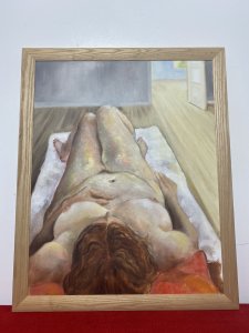 The Female Form Painted In Great Detail In Subtle Cool Nude Tones, The Vibrant Hair Matched By The Orange Pillow She Reclines On. Brief Artist History.