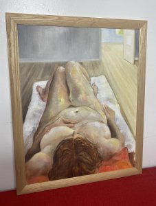 The Female Form Painted In Great Detail In Subtle Cool Nude Tones, The Vibrant Hair Matched By The Orange Pillow She Reclines On. Brief Artist History.