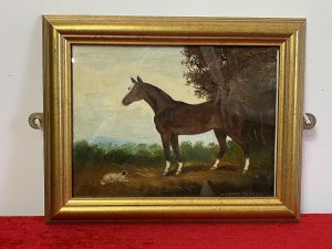 Artist - Henry Percy. Chestnut Bay Mare Horse With White Head Stripe And Fetlocks Stands In Beautifully Detailed Landscape With Small White Sheepdog. Stunning Brush Stroke Details And Bright Earthy Hues.