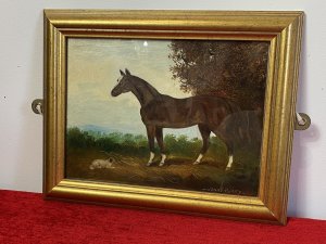 Artist - Henry Percy. Chestnut Bay Mare Horse With White Head Stripe And Fetlocks Stands In Beautifully Detailed Landscape With Small White Sheepdog. Stunning Brush Stroke Details And Bright Earthy Hues.