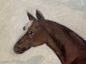 Artist - Henry Percy. Chestnut Bay Mare Horse With White Head Stripe And Fetlocks Stands In Beautifully Detailed Landscape With Small White Sheepdog. Stunning Brush Stroke Details And Bright Earthy Hues.