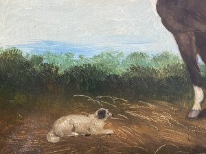 Artist - Henry Percy. Chestnut Bay Mare Horse With White Head Stripe And Fetlocks Stands In Beautifully Detailed Landscape With Small White Sheepdog. Stunning Brush Stroke Details And Bright Earthy Hues.