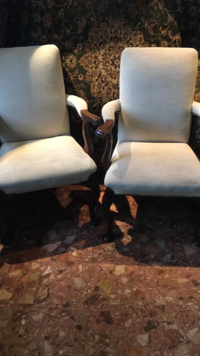 Primary image for Fine Pair Of Mahogany George Ii Style Brass Studded High Back Elbow Chairs