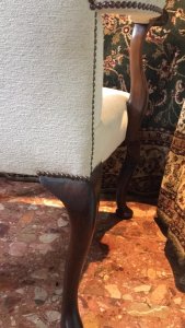 Fine Pair Of Mahogany George II Style Brass Studded High Back Elbow Chairs. Beautiful Solid Mahogany Craftsman Made Elbow Frames In George II Style With High Backs, Sweeping Arm Rests, Wide Seats And Pad Feet. Padded Upholstery In Luxurious Cream Chenille Fabric With Brass Studded Parameters. Strong, Exceptional Comfort Elegant Design Reproduction Pair In Stunning Condition. Perfect For Lounge, Study, Hallway. Dimensions In Inches Back Height 43” Seat Width 25” Seat Height 19” Seat Depth 24” Weight Approx 50KG Pair
