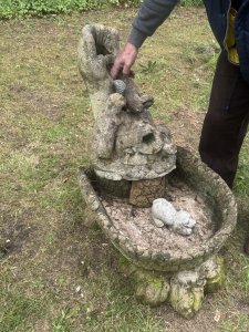 Trio Family Of Otters Entwined Around Log Feature As Top Section With Holes In The Mouths To Allow Flow Of Water For Waterfall Feature. Total 6 Pc - Top Otter Section, Squirrel, Water Bowl, Pebble Base 3Pcs.