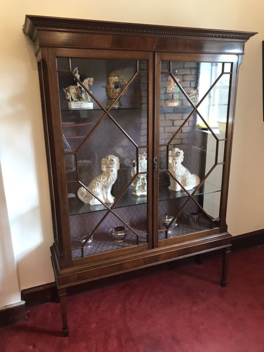 Tall Antique Georgian Chippendale Style Display Cabinet With Chamfered Legs