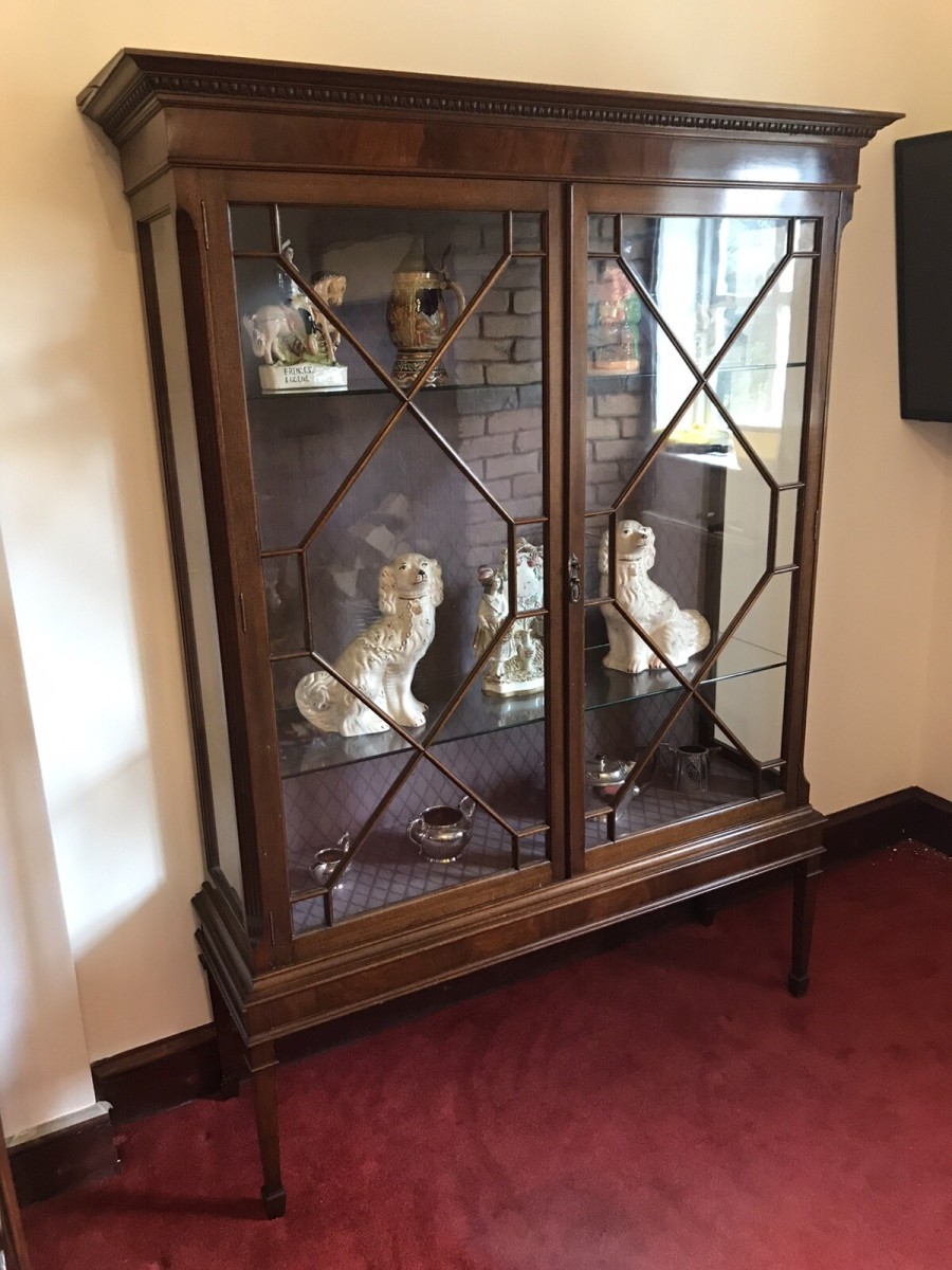 Tall Antique Georgian Chippendale Style Display Cabinet With Chamfered Legs