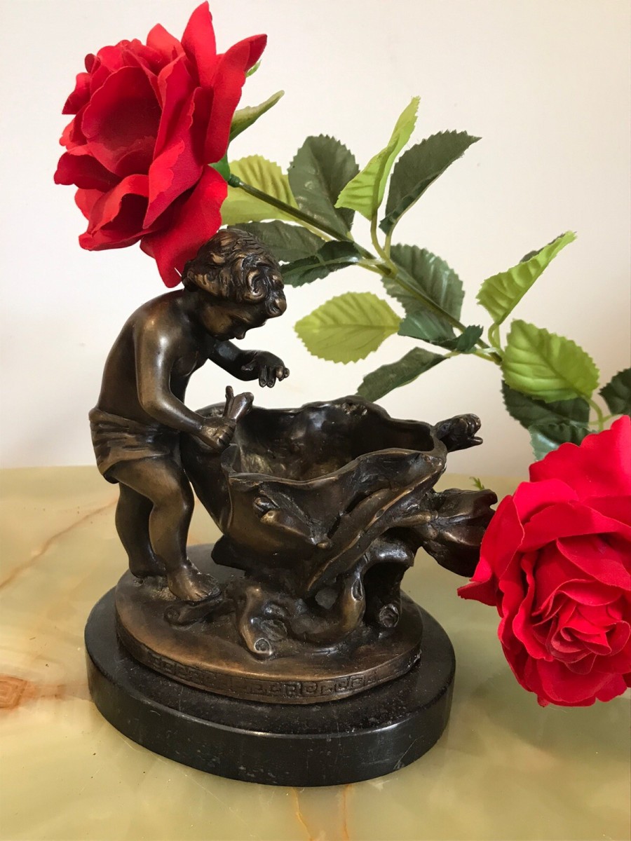 Primary image for Charming Fine Reproduction French Bronze Cherub With Flora Urn Statue