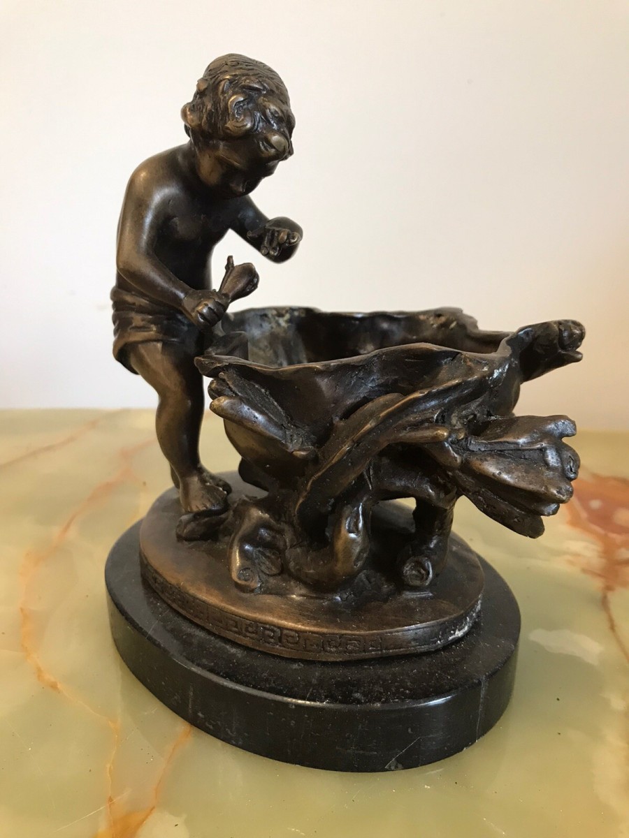 Charming Fine Reproduction French Bronze Cherub With Flora Urn Statue