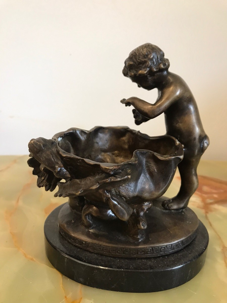 Charming Fine Reproduction French Bronze Cherub With Flora Urn Statue