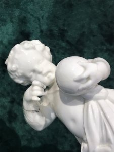 Putti Standing On Pile Of Books With A Globe In Hand, In The Form Of A Water Fountain. Masked Heads In Oyster Shell Shaped Trio Of Dishes For Fruits/ BonBons Or Canapés. Table Centre Piece Fruit Comport/ Statue.